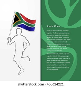 Young athlete running with holding South Africa Flag with typography background. Athlete with Country flag running in Rio background