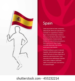 Young athlete running with holding Spain Flag with typography background. Athlete with Country flag running in Rio olympics background