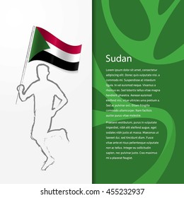 Young athlete running with holding Sudan Flag with typography background. Athlete with Country flag running in Rio olympics background