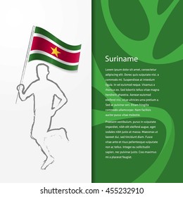 Young athlete running with holding Suriname Flag with typography background. Athlete with Country flag running in Rio olympics background