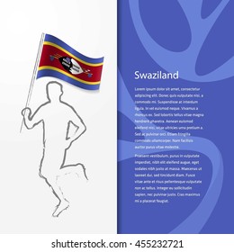 Young athlete running with holding Swaziland Flag with typography background. Athlete with Country flag running in Rio olympics background