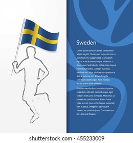 Young athlete running with holding Sweden Flag with typography background. Athlete with Country flag running in Rio olympics background