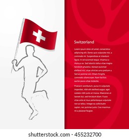 Young athlete running with holding Switzerland Flag with typography background. Athlete with Country flag running in Rio olympics background