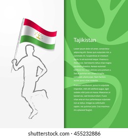 Young athlete running with holding Tajikistan Flag with typography background. Athlete with Country flag running in Rio olympics background