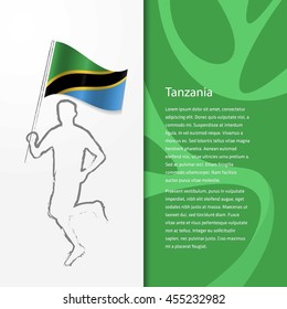 Young athlete running with holding Tanzania Flag with typography background. Athlete with Country flag running in Rio olympics background