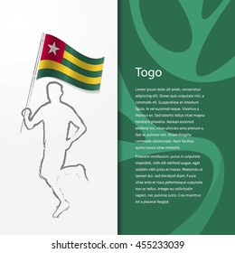 Young athlete running with holding Togo Flag with typography background. Athlete with Country flag running in Rio olympics background