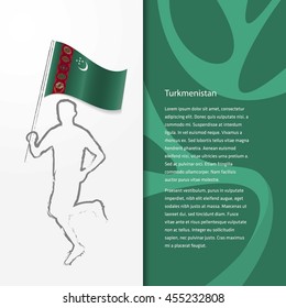 Young athlete running with holding Turkmenistak Flag with typography background. Athlete with Country flag running in Rio olympics background