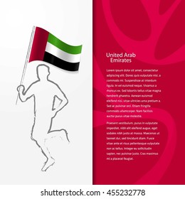 Young athlete running with holding UAE  Flag with typography background. Athlete with Country flag running in Rio olympics background