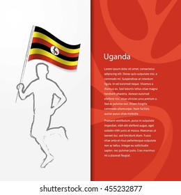 Young athlete running with holding Uganda Flag with typography background. Athlete with Country flag running in Rio olympics background