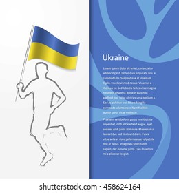 Young athlete running with holding Ukraine Flag with typography background. Athlete with Country flag running in Rio olympics background