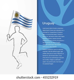 Young athlete running with holding Uruguay Flag with typography background. Athlete with Country flag running in Rio olympics background