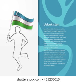 Young athlete running with holding Uzbekistan Flag with typography background. Athlete with Country flag running in Rio olympics background