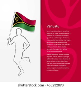 Young athlete running with holding Vanuatu Flag with typography background. Athlete with Country flag running in Rio olympics background