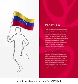 Young athlete running with holding Venezuela Flag with typography background. Athlete with Country flag running in Rio olympics background