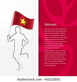 Young athlete running with holding Vietnam Flag with typography background. Athlete with Country flag running in Rio olympics background