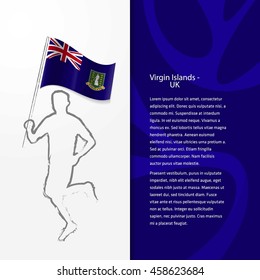 Young athlete running with holding Virgin Islands UK Flag with typography background. Athlete with Country flag running in Rio olympics background