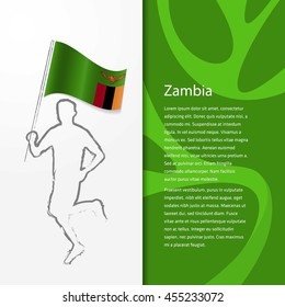 Young athlete running with holding Zambia Flag with typography background. Athlete with Country flag running in Rio olympics background