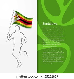 Young athlete running with holding Zimbabwe Flag with typography background. Athlete with Country flag running in Rio olympics background