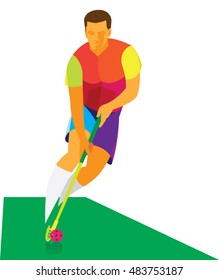 young athlete running on the attack with a hockey stick