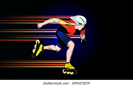 A young athlete runs on roller skates. Abstract dynamic background.