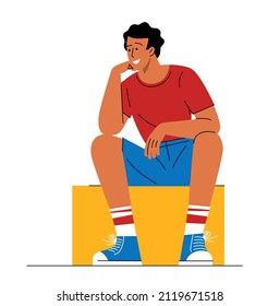 Young athlete sitting on benches, relaxing after training in gym. Flat cartoon vector illustration.