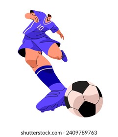 Young athlete in soccer shoes training to score goal. Professional football player kicks ball. Sportsman plays team sport game. Dynamic motion. Flat isolated vector illustration on white background