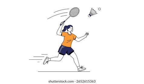 A young athlete in a sports outfit powerfully swings a racket to hit a shuttlecock during a badminton game