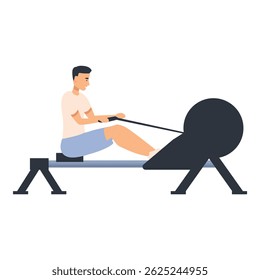 Young athlete is training on a rowing machine, working on his physical condition