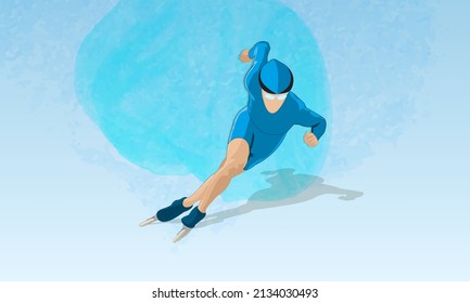 A young athlete wearing a helmet in sports equipment on roller skates on an abstract blue background