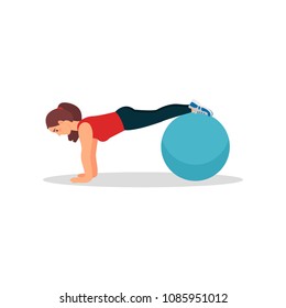 Young athlete woman doing plank exercise using fitness ball. Physical activity and healthy lifestyle. Flat vector design