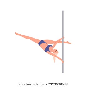 Young athlete woman pole dancer character hanging upside down on pylon cartoon vector illustration