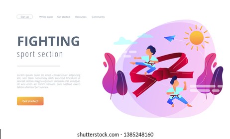 Young athletes doing karate outside at summer camp and big belt, tiny people. Karate camp, kids boxing club, fighting sport section concept. Website homepage landing web page template.