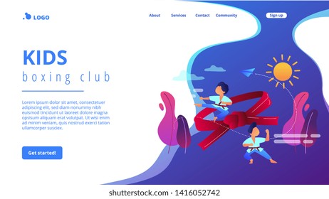 Young athletes doing karate outside at summer camp and big belt, tiny people. Karate camp, kids boxing club, fighting sport section concept. Website homepage landing web page template.