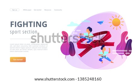 Young athletes doing karate outside at summer camp and big belt, tiny people. Karate camp, kids boxing club, fighting sport section concept. Website homepage landing web page template.