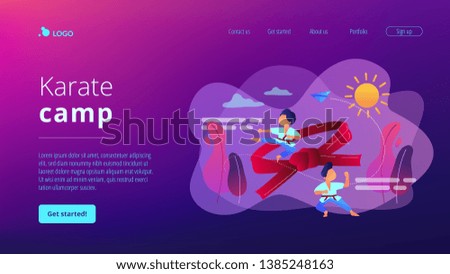 Young athletes doing karate outside at summer camp and big belt, tiny people. Karate camp, kids boxing club, fighting sport section concept. Website homepage landing web page template.