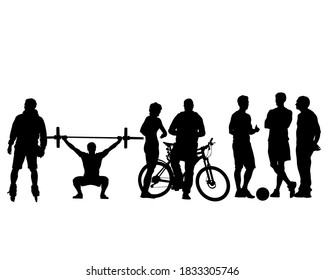 Young athletes go in for sports on the street. Isolated silhouettes on white background