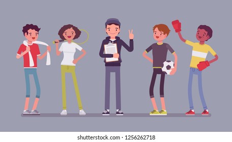 Young athletes, professional sporty people and male coach. Sportsmen and instructor, teaching healthy life, to improve at sport skills, to win, get achievements. Vector flat style cartoon illustration