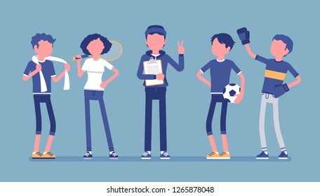 Young athletes, professional sporty people, male coach. Sportsmen and instructor, teaching healthy life, to improve at sport skills, to win, get achievements. Vector illustration, faceless characters