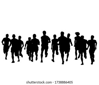 Young athletes run a marathon. Isolated silhouettes on white background