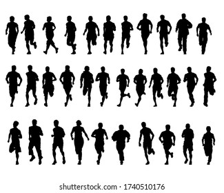 Young athletes run a marathon. Isolated silhouettes on white background