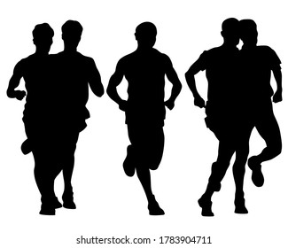 Young athletes run a marathon. Isolated silhouettes on white background