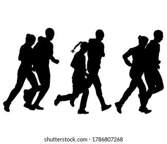 Young athletes run a marathon. Isolated silhouettes on white background