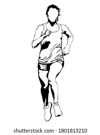 Young athletes run a marathon. Isolated silhouettes on white background