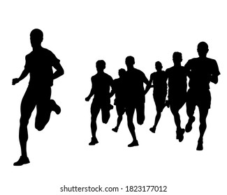 Young athletes run a marathon. Isolated silhouettes on white background