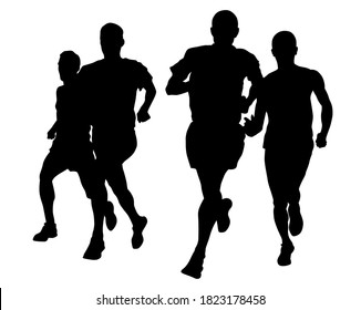 Young athletes run a marathon. Isolated silhouettes on white background