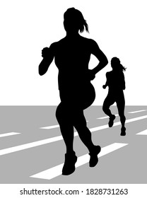 Young athletes run a marathon. Isolated silhouettes on white background
