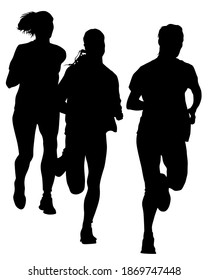 Young athletes run a marathon. Isolated silhouettes on white background