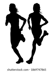 Young athletes run a marathon. Isolated silhouettes on white background