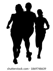 Young athletes run a marathon. Isolated silhouettes on white background
