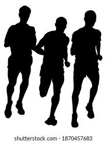 Young athletes run a marathon. Isolated silhouettes on white background